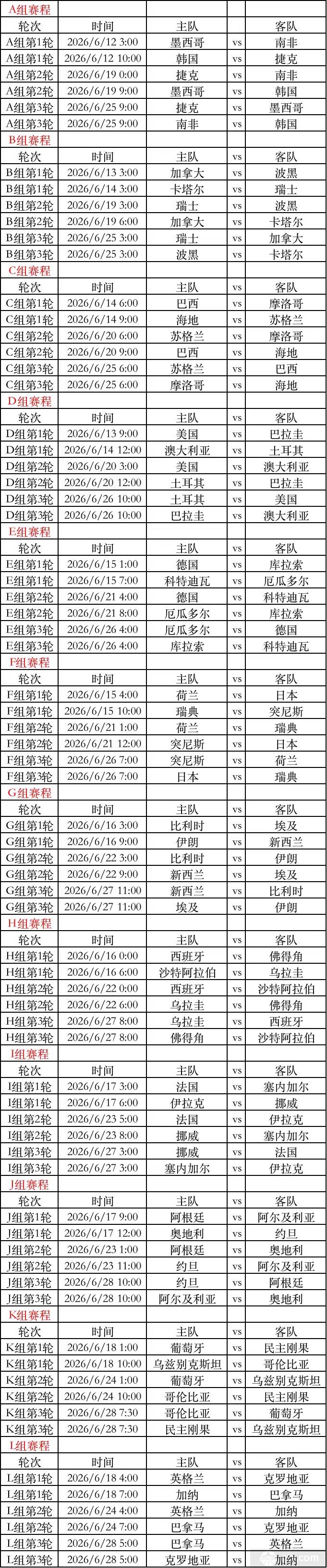 2026世界杯赛程表完整版|48队赛历一览